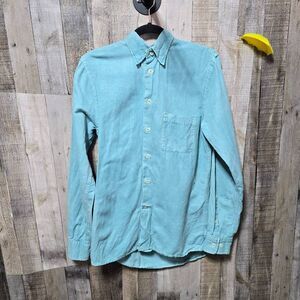 Carbon2Cobalt Aqua Blue Silk Linen Blend Button Down Shirt Office Work Preppy
